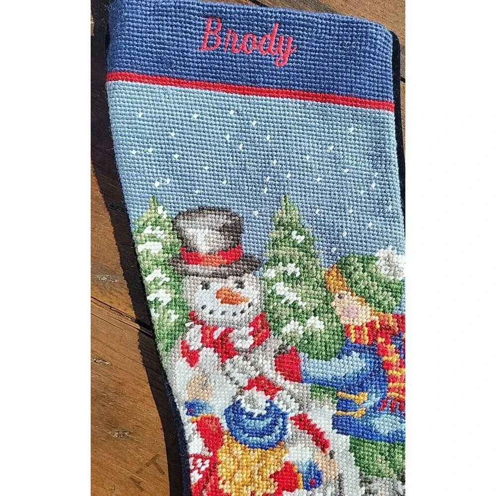 Lands' End Needlepoint Christmas Stocking BRODY Snowman Wool Discontinued C1